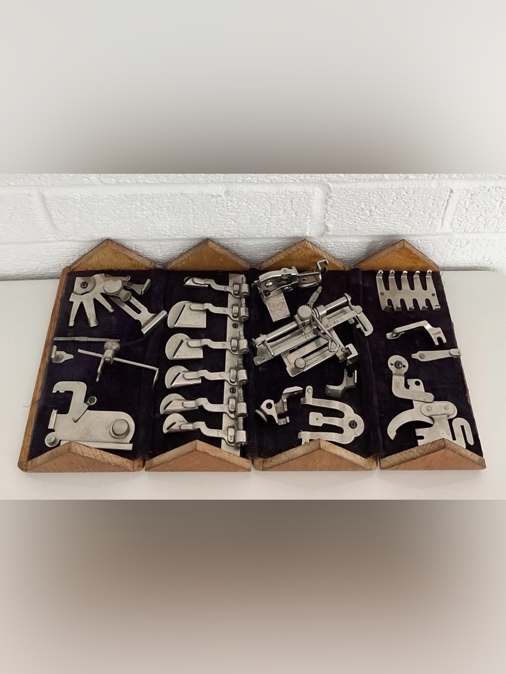 Vintage Sewing Machine Attachment Set Folding Wood Case Singer Style Hemmer Kit